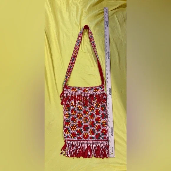Vintage Beaded Fringe Shoulder Bag Crossbody Red Boho Ethnic Festival Purse HK - Picture 13 of 15
